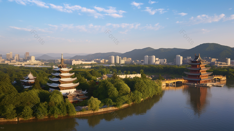 被河流山脉包围的城市有三座历史悠久的古代楼阁,高清,摄影图,摄影图片,图片大全,摄影图免费下载